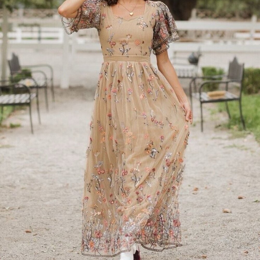 Ivy City Co Tan Floral Embroidered Maxi Dress